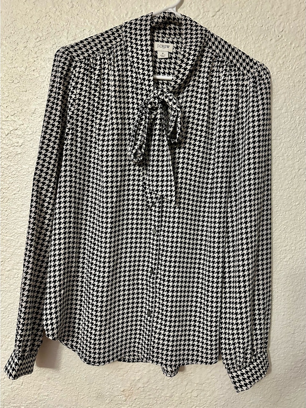 J. Crew Black and White Houndstooth Tie-Neck Blouse